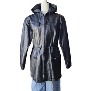 90s Y2K Black Genuine Leather Hooded Jacket with Drawstring Waist Size Small